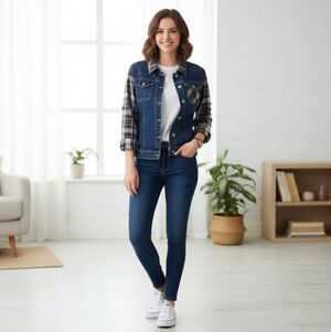 Plaid Sleeve Denim Jacket